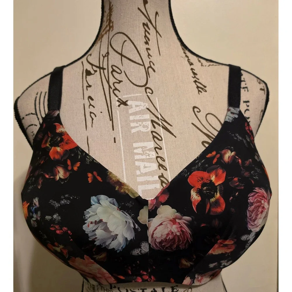 Torrid Dream Wire Free Lightly Lined Microfiber Bra Black Popery Floral 38DD